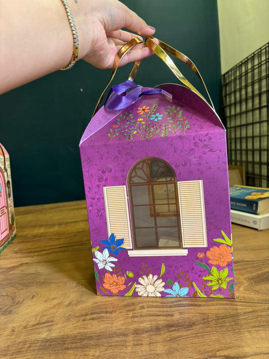 Gift Hamper Box with Ribbon Handle | Purple Floral House Design | Pack of 3