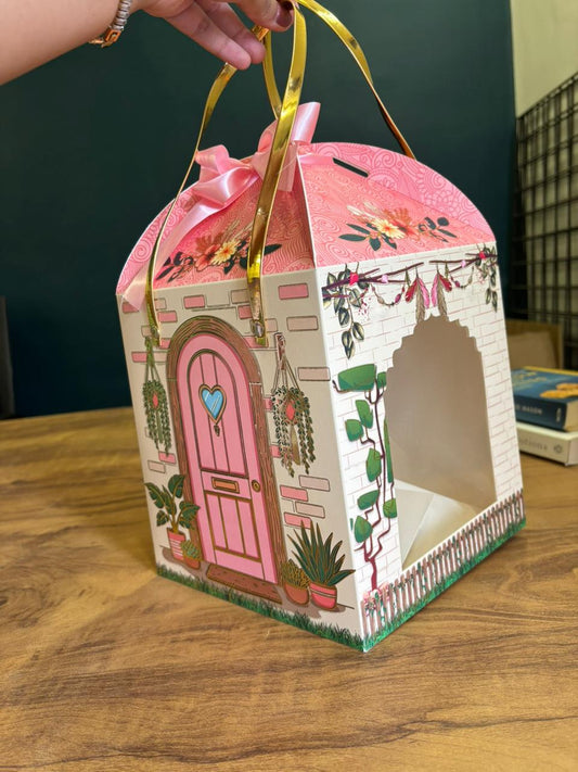 Gift Hamper Box with Window & Ribbon Handle | Pink Floral House Design | Pack of 3