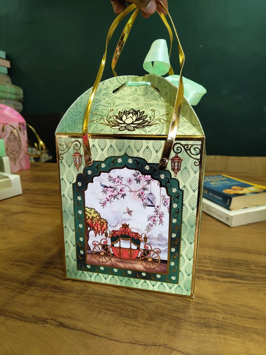 Window Gift Hamper Box with Ribbon Handle | Mint Green Design | Pack of 3