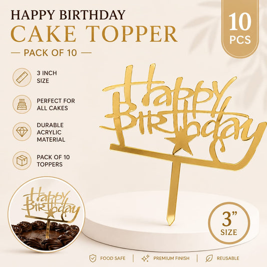 Gold Happy Birthday Cake Toppers – 3" Acrylic (Pack of 10)