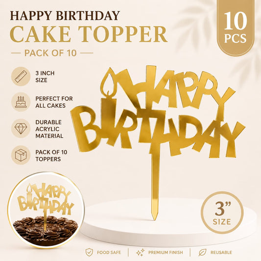 Gold Happy Birthday Cake Toppers – 3" Acrylic (Pack of 10)