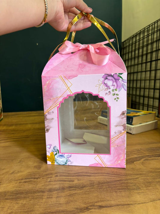 Gift Hamper Box with Window & Ribbon Handle | Pink Floral House Design | Pack of 3