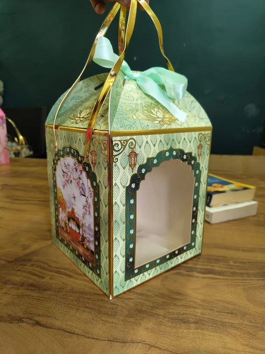 Window Gift Hamper Box with Ribbon Handle | Mint Green Design | Pack of 3