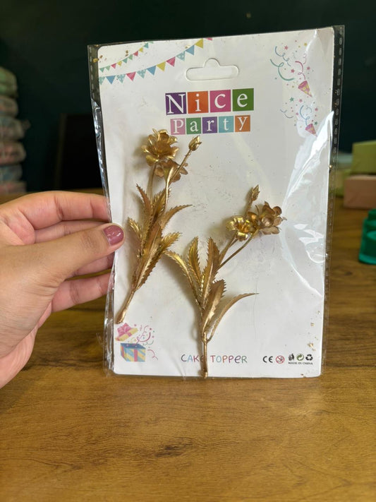Artificial Golden Floral Cake Topper Decor | Non-Edible | Pack of 2