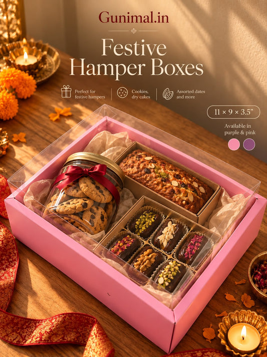 Festive Hamper Box with Clear Lid – 11 x 9 x 3.5 Inches - Pink