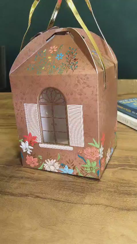 Gift Hamper Box with Ribbon Handle | Brown Floral House Design | Pack of 3