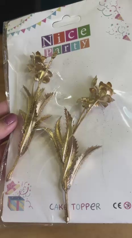 Artificial Golden Floral Cake Topper Decor | Non-Edible | Pack of 2