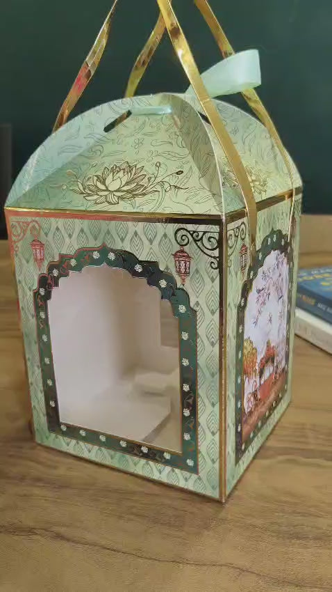 Window Gift Hamper Box with Ribbon Handle | Mint Green Design | Pack of 3